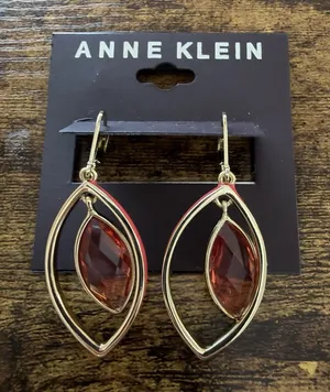 Anne Klein Gold Tone Dangle Pierced Earrings Coral Accents and Gems thumbnail 1
