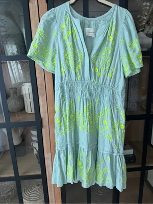 Anthropologie The Somerset Mini Dress Embroidered Linen short sleeve splice mint thumbnail 6
