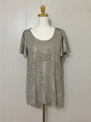 By Anthropologie Shimmer Knit Flutter Sleeve Metallic Top Silver XL thumbnail 2