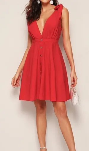 ✨HP✨Tie Strap Plunging Button Up Skater Dress✨ thumbnail 1