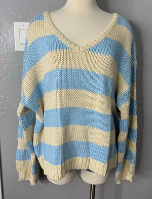Edikted Women's Tracie Striped Oversized Sweater, Blue/Cream, M thumbnail 1