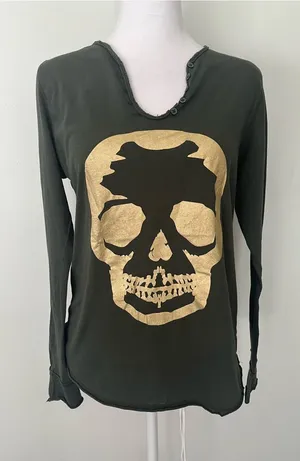 Zadig & Voltaire Olive Green Long Sleeve Tee with Gold Skull Motif thumbnail 1