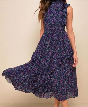 Lulus Evalina Navy Blue Floral Print Mock Neck Midi Dress thumbnail 1