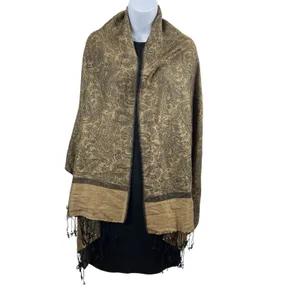 Pashmina Silk Blend Shawl Wrap Scarf Tan Black Paisley Jacquard Fringe Elegant thumbnail 2