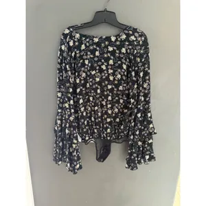 Intimately Free People Black‎ Floral Tiered Bell Sleeve Button Front Bodysuit M thumbnail 5