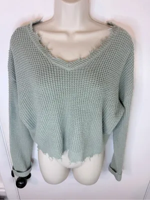 Moon & Madison Waffle Knit Crop Sweater Sage Green Distressed Hem Size M thumbnail 3
