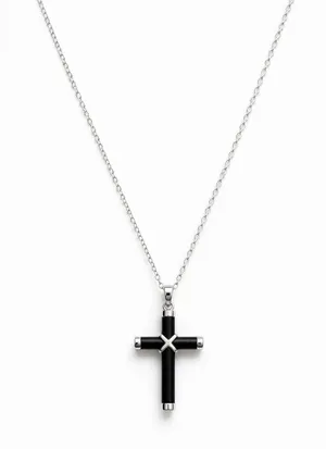 Unisex Black Cross Pendant Necklace Silver Tone Chain Gothic Religious Jewelry thumbnail 1
