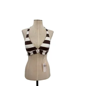 PilyQ Godiva Banded Halter Bikini Top Brown White Stripe NWT‎ Size Large thumbnail 3