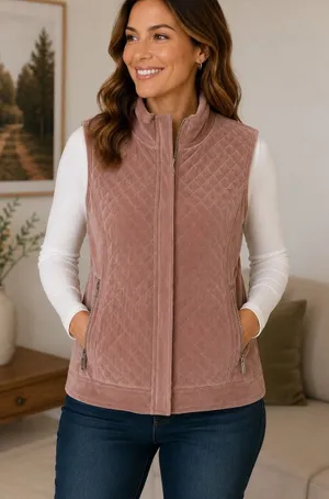 Liz & Co. Women’s Large Mauve Quilted Velour Zip Vest Full Zip Pockets thumbnail 1
