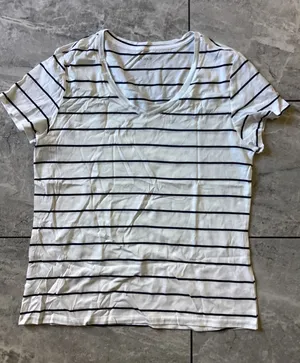 Quince NWOT Cotton Modal V-Neck Tee Ivory Black Stripe Short Sleeve Top L thumbnail 1