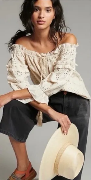 Anthro Seen Worn Kept Jane Eyelet Lace Off- The-Shoulder Shoulder Blouse Size 6 thumbnail 1