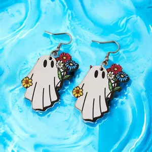 White Ghost Colorful Flower Design‎ Dangle Halloween Earrings Wooden Jewelry thumbnail 4