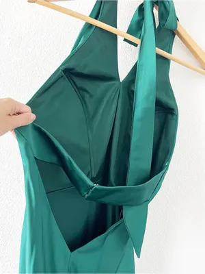 Revelry Amaya Emerald Green Satin Halter Open Back High Slit Formal Gown thumbnail 8