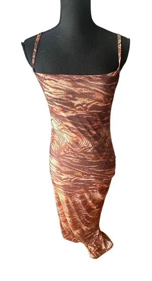 Y2K PrettyLittleThing Brown Zebra Mesh Ruched Maxi Dress Size 4 Bodycon thumbnail 1