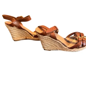 Burberry Tan Leather Check Canvas Espadrille Wedge Sandals EU 35 Italy GUC FLAW thumbnail 9