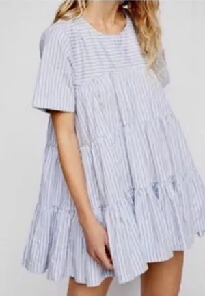 Free People Blue Stripe Babydoll Mini Dress Tiered Short Sleeve Size M NWT thumbnail 1