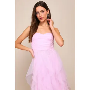 Lulus Delightful Beauty Pink Mesh Strapless Ruched Ruffled Maxi Dress XL NWT thumbnail 2