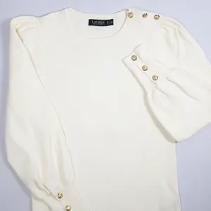 Lauren Ralph Lauren Pullover Women 1X Cream Ribbed Puff Sleeve Gold Button Top thumbnail 5