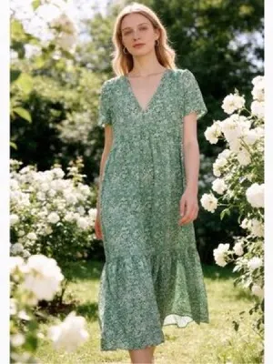 Zara Green and White Floral V-Neck Midi Dress thumbnail 2
