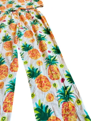 Sleep Sense Ivory Tropical Pineapple Print Pajama Set Shirt Pants Small Women's thumbnail 10