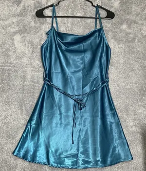 Cider Satin Cowl Neck Mini Dress‎ Womens XS Teal Blue Spaghetti Strap Tie Waist thumbnail 1