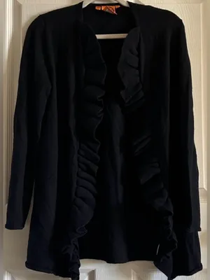 Tory Burch Black Merino Wool Ruffle Trim Open‎ Front Cardigan Sweater Sz Med thumbnail 8