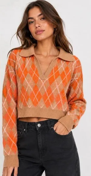 Zara | Argyle Collared Cropped Sweater, Small thumbnail 1