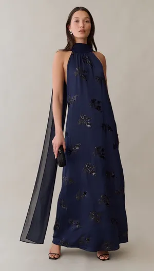 NWT Few Moda Alessia Maxi Dress size Large L midnight sapphire blue sequin o.p.t thumbnail 1
