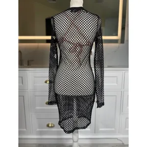 Hera Collection Fishnet Swim Cover Up Women S Black Long Sleeve Sheer Mesh Dress thumbnail 5