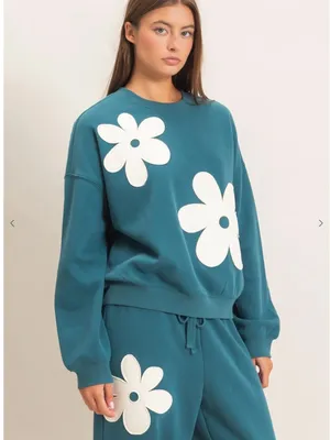 NEW Double Zero Teal Floral Appliqué Fleece Sweatshirt Jogger Set Medium thumbnail 5
