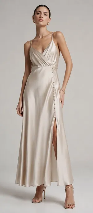 Zara champagne colored satin slip dress with side slit and button detail. Est S thumbnail 1