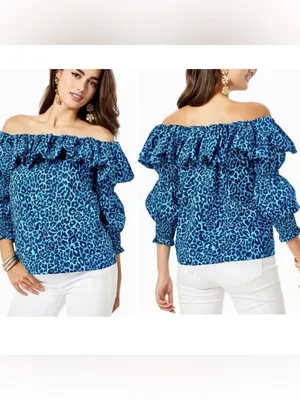 Lilly Pulitzer Beatrix Off-the Shoulder Top Women’s XL Oyster Bay Navy Leopard thumbnail 2