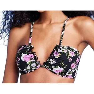 Shade & Shore‎ Womens Floral Bikini Set Black Pink Ruffle Edge Coquette Medium thumbnail 2