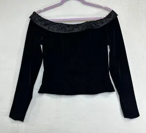 Vintage Black Velvet Off-Shoulder Small-Medium Cropped Top Beaded Glam‎ Gothic thumbnail 1