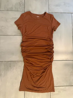 Quince Tensel Ruched Side Slit Short Sleeve T-shirt Midi Dress in Brown thumbnail 2