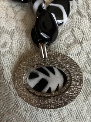 Chunky Black & White Zebra Print Statement Necklace – Large Oval Pendant 20-23” thumbnail 3