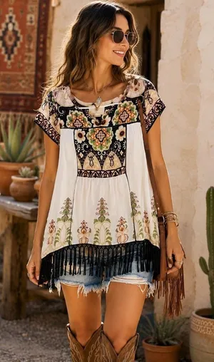Anthropologie Vanessa Virginia S Embroidered Fringe Tunic Top Boho Festival thumbnail 1