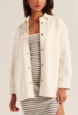 Abercrombie Women's Denim Shirt Jacket in Cream/Off-White thumbnail 1