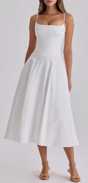 NEW HOUSE OF CB Liora Eyelet Trim Cotton Midi White Dress sz XS thumbnail 1