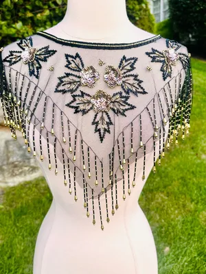 Fina Moda Vintage Beaded Black Mesh Caplet Collar Scarf with Fringe & Sequins thumbnail 10