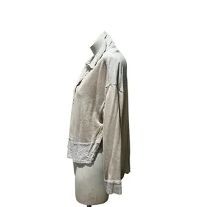 Bohme Womens Collared Henley Pullover Sweatshirt Beige Contrast Trim S thumbnail 2
