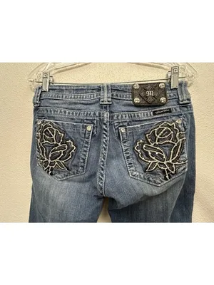 Miss Me Bootcut Blue Jean Size 28 Low Rise Sequin Bling Rose Back Pocket thumbnail 3