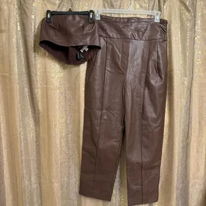 Free People Walnut Brown Faux Leather Pants Bandeau Set Size 8 NWOT thumbnail 2