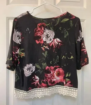 Abercrombie & Fitch Black Floral Crochet-Hem Short Sleeve Top thumbnail 4
