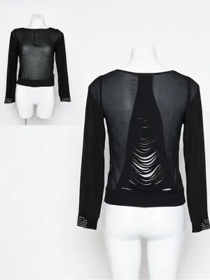 Do Be Black Sheer Mesh Long Sleeve Slashed Shredded Back Studded Cuff Top Small thumbnail 2