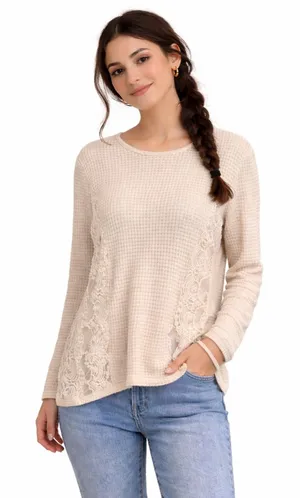 ANDTHEWHY Womens Cream Waffle Knit Lace Panel Long‎ Sleeve Top Small thumbnail 1