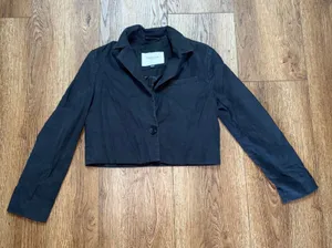American Eagle Womens XS Dark Gray Linen Blend Cropped Blazer One Button Jacket thumbnail 1