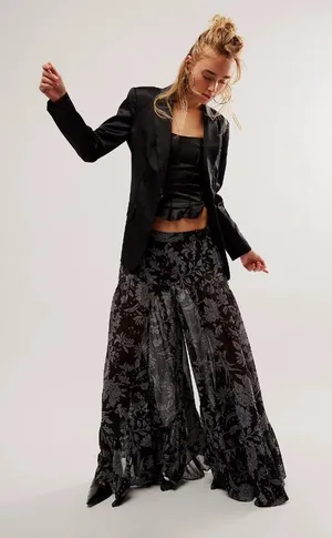 NWT Free People Colette Wide-Leg Pants in Black Gray Floral Semi-Sheer S thumbnail 1