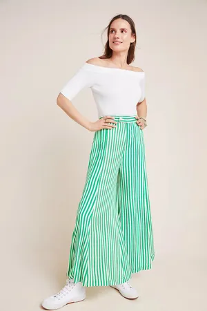 NWOT Anthropologie Mackenzie Striped Extra Wide Green/White Gaucho Crop Pants Sz 10 thumbnail 2