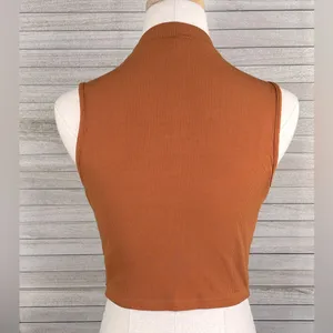 Stretchy Ribbed Cropped High Neck Sleeveless Tank Top Rust-Large thumbnail 2